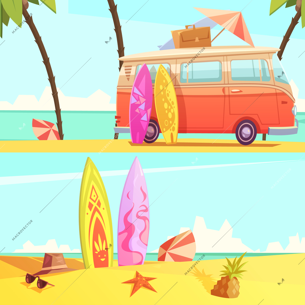 Horizontal surfing banners with bus ready for trip and surfboards on beach retro cartoon flat vector illustration