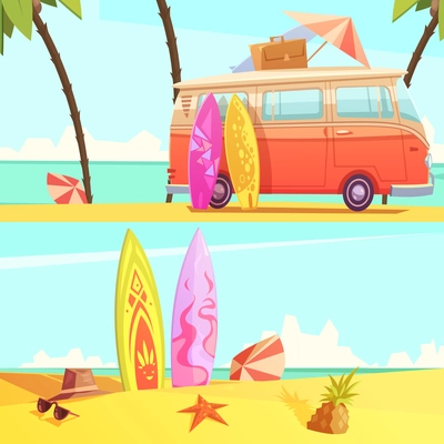 Horizontal surfing banners with bus ready for trip and surfboards on beach retro cartoon flat vector illustration