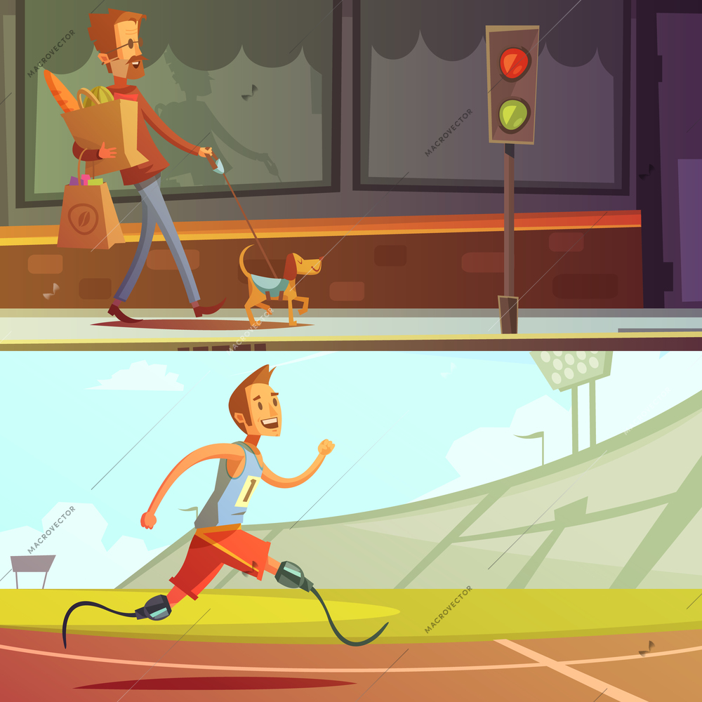 Color cartoon illustration depicting disabled people blind man with dog and runner with prosthesis instead of legs vector illustration