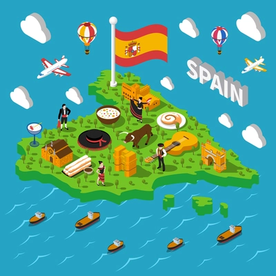 Touristic Spain isometric map with culture and sightseeing symbols vector illustration