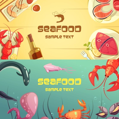 Horizontal color banners with title depicting seafood lobster crab octopus sushi salmon tuna vector illustration