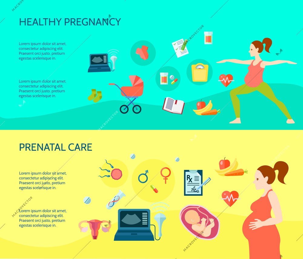 Pregnancy horizontal compositions set with healthy pregnancy symbols flat isolated vector illustration