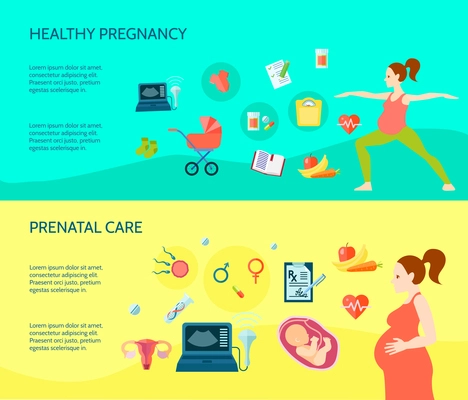 Pregnancy horizontal compositions set with healthy pregnancy symbols flat isolated vector illustration