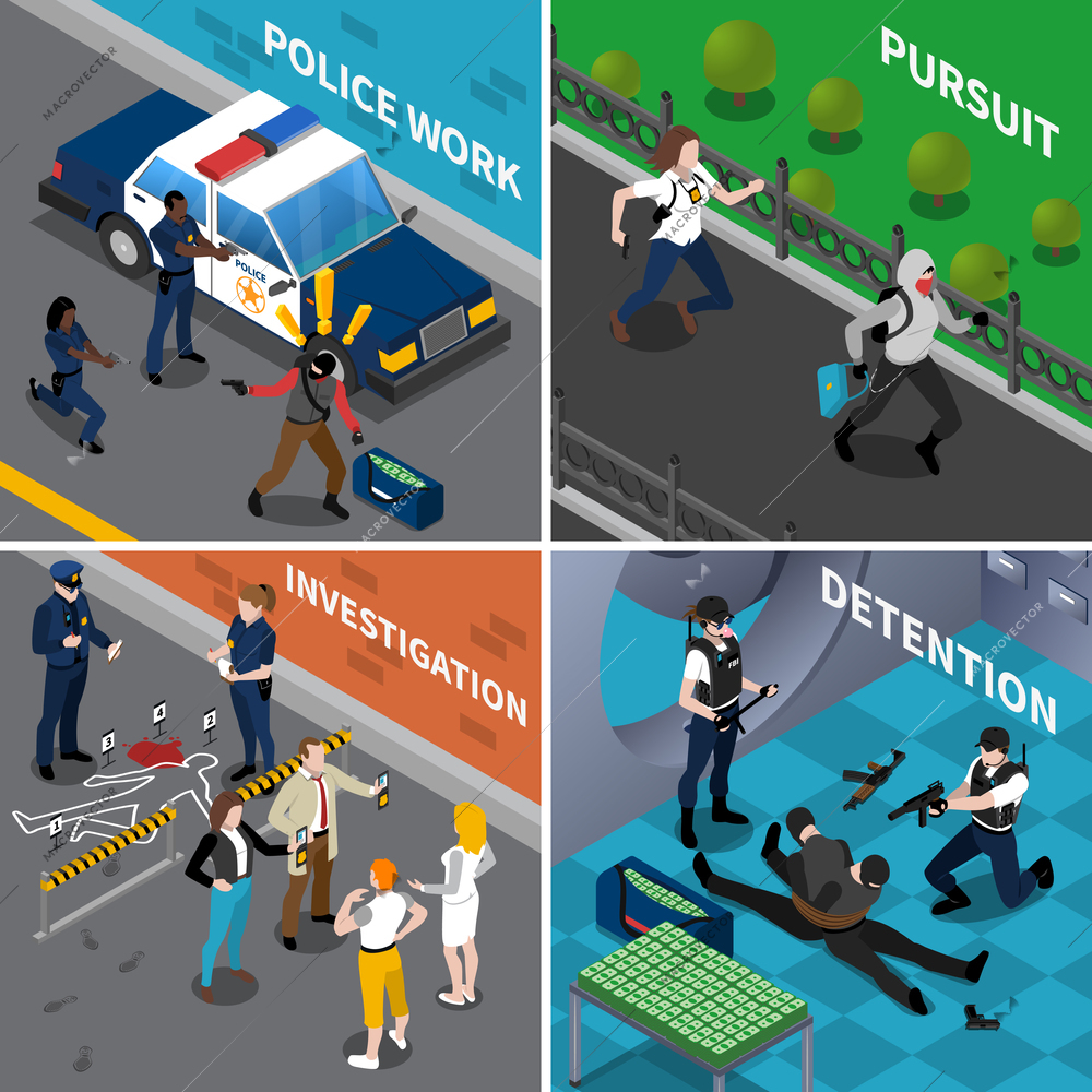 Color isometric composition 2x2 depicting police work pursuit investigation detention vector illustraion