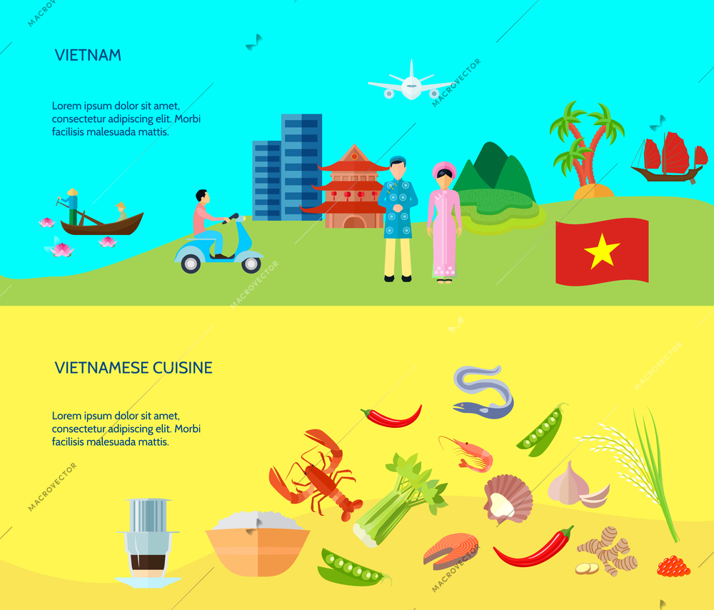 Information on vietnamese cuisine culture and places of interest and 2 flat horizontal banners abstract isolated vector illustration