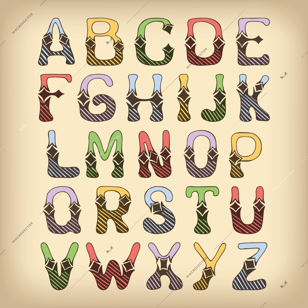 Sketch hand drawn colored alphabet with hatch and lozenge ornament font letters isolated vector illustration