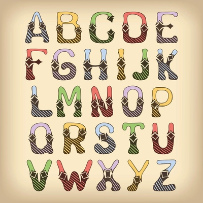 Sketch hand drawn colored alphabet with hatch and lozenge ornament font letters isolated vector illustration