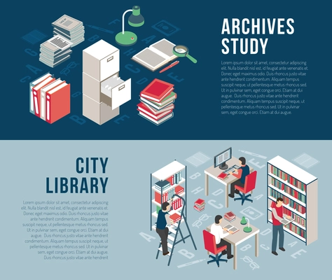 City university studies library documents archives and catalog  information 2 horizontal isometric banners abstract isolated vector illustration