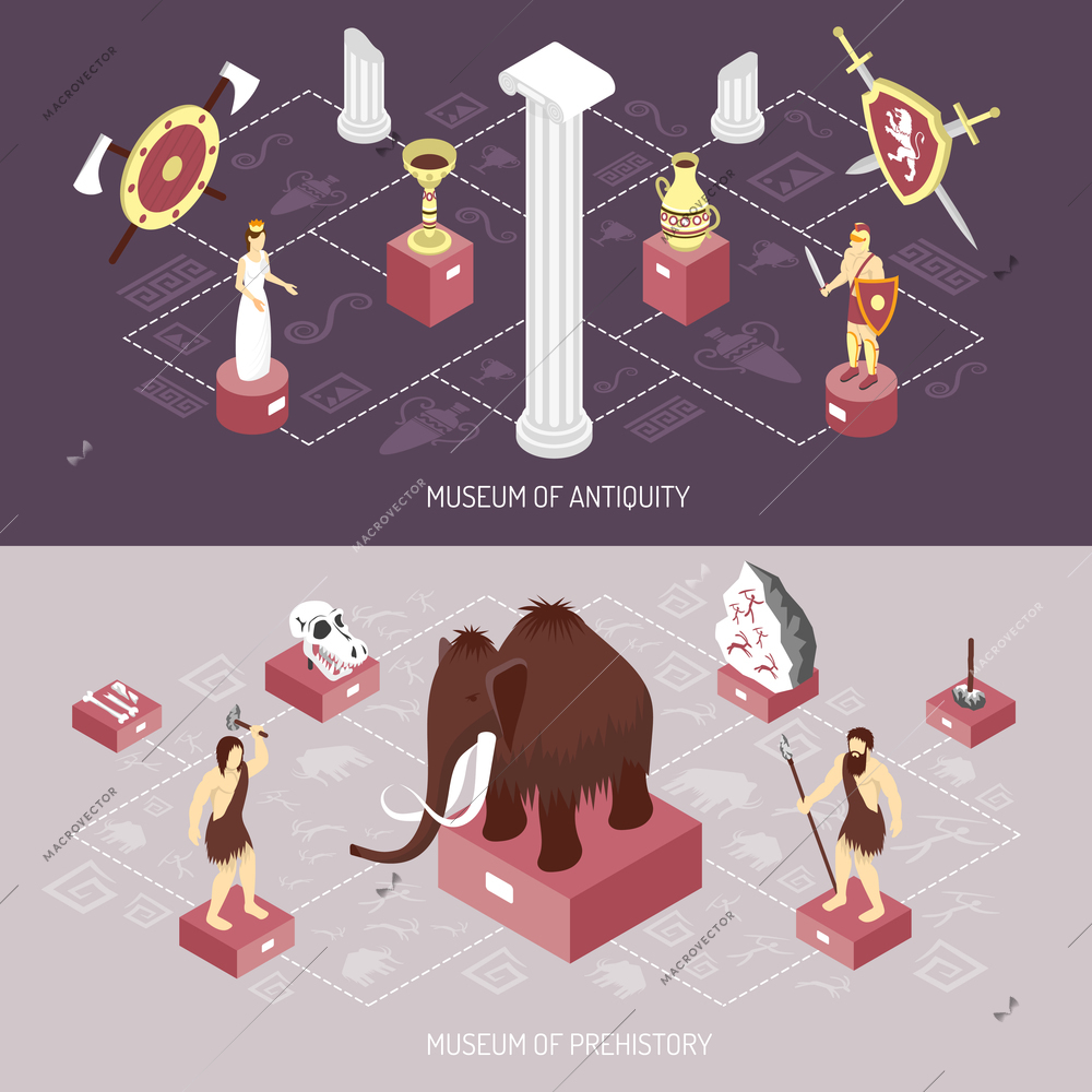 Antiquity cultural history museum 2 isometric flowchart elements banners with mammoth and archaeological finds isolated vector illustration