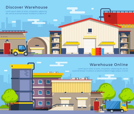 Big warehouse building of different shape with transport for goods delivery on cityscape background flat banners isolated vector illustration