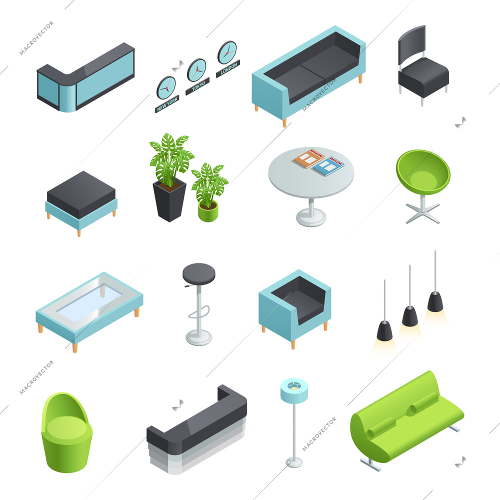 Color isometric icons of interior elements of hall foyer vector illustration