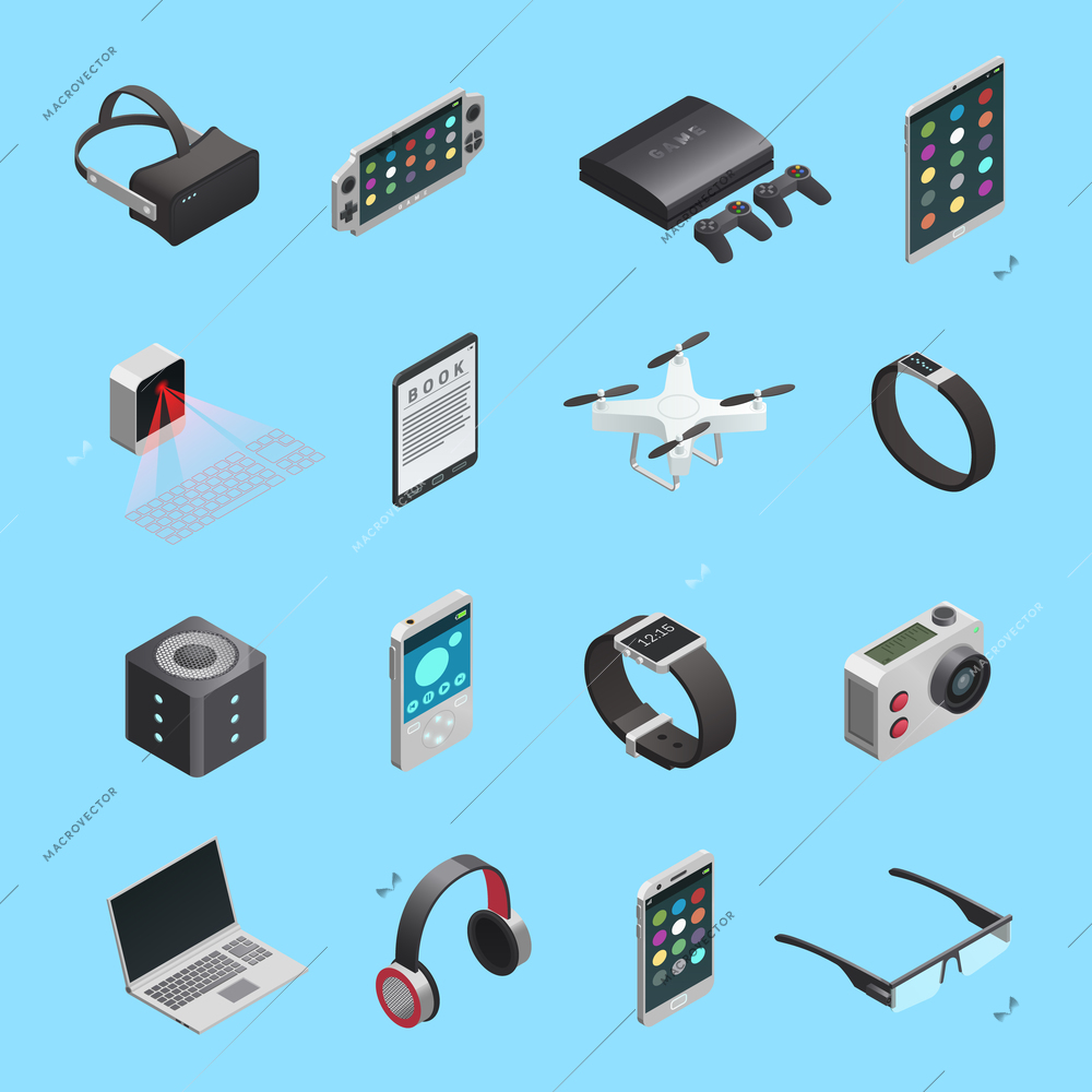 Isometric icons set of different electronic gadgets for communication playing music photo and other functions isolated vector illustration