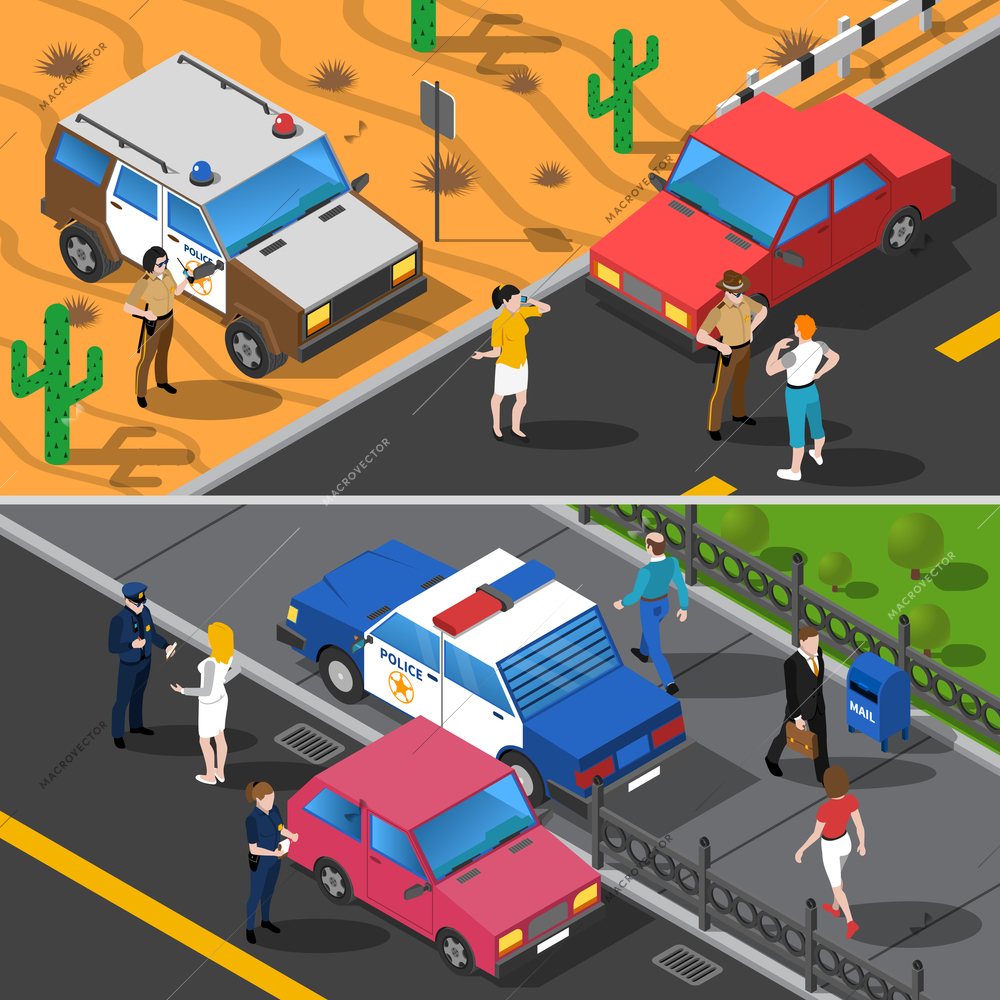 Color isometric horizontal banners showing police people work vector illustration