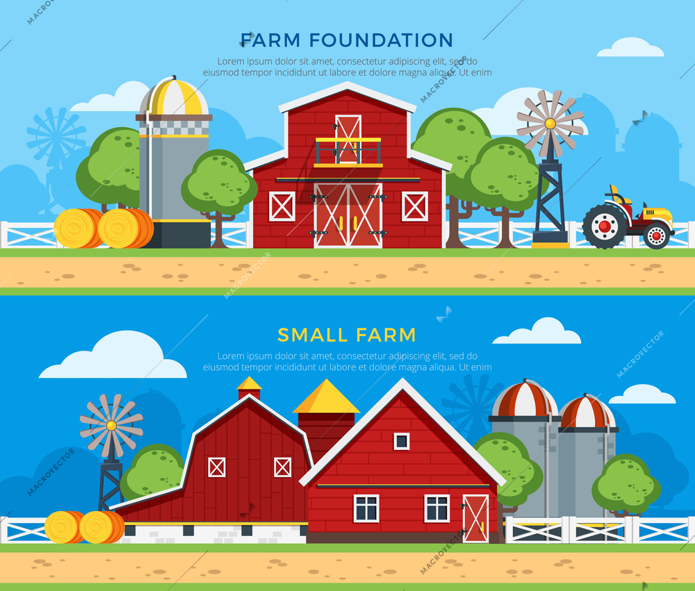 Two farm flat horizontal banners with farm foundation and small farm icons collections on countryside background flat vector illustration