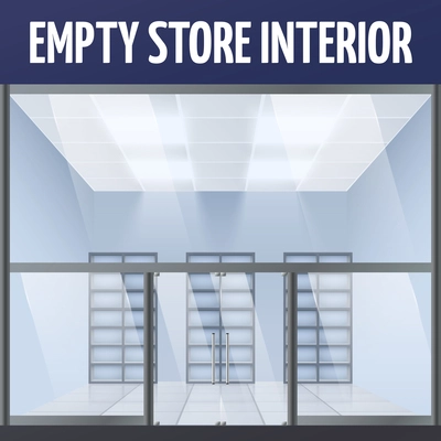 Illuminated empty department store building interior with shelves vector illustration