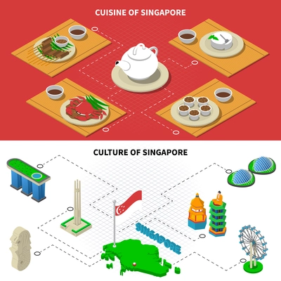 Singapore culture with stone lion sculpture and national cuisine dishes 2 isometric banners abstract isolated vector illustration