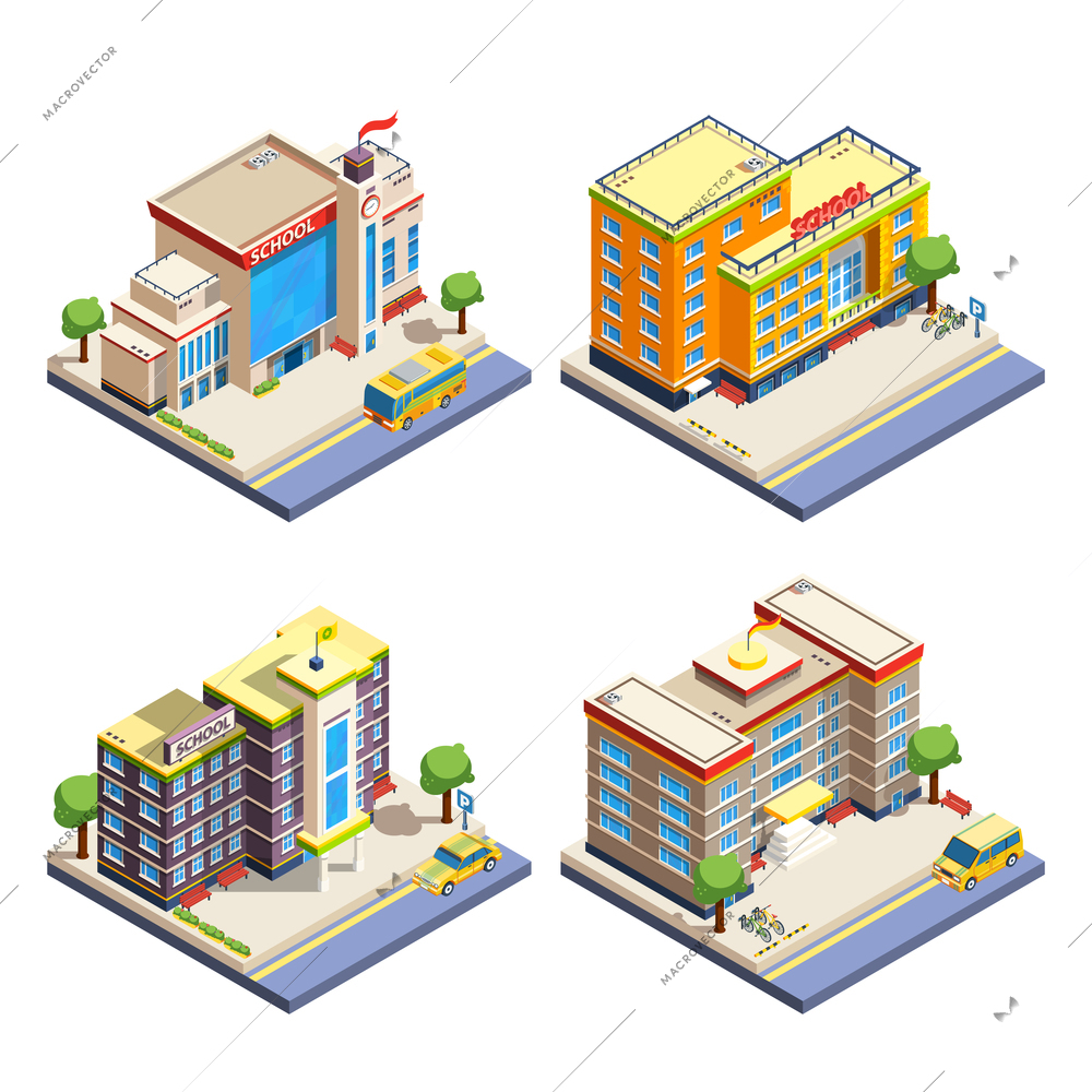 Modern many-storeyed school buildings with cars bicycles and school bus isometric icons set on white background isolated vector illustration