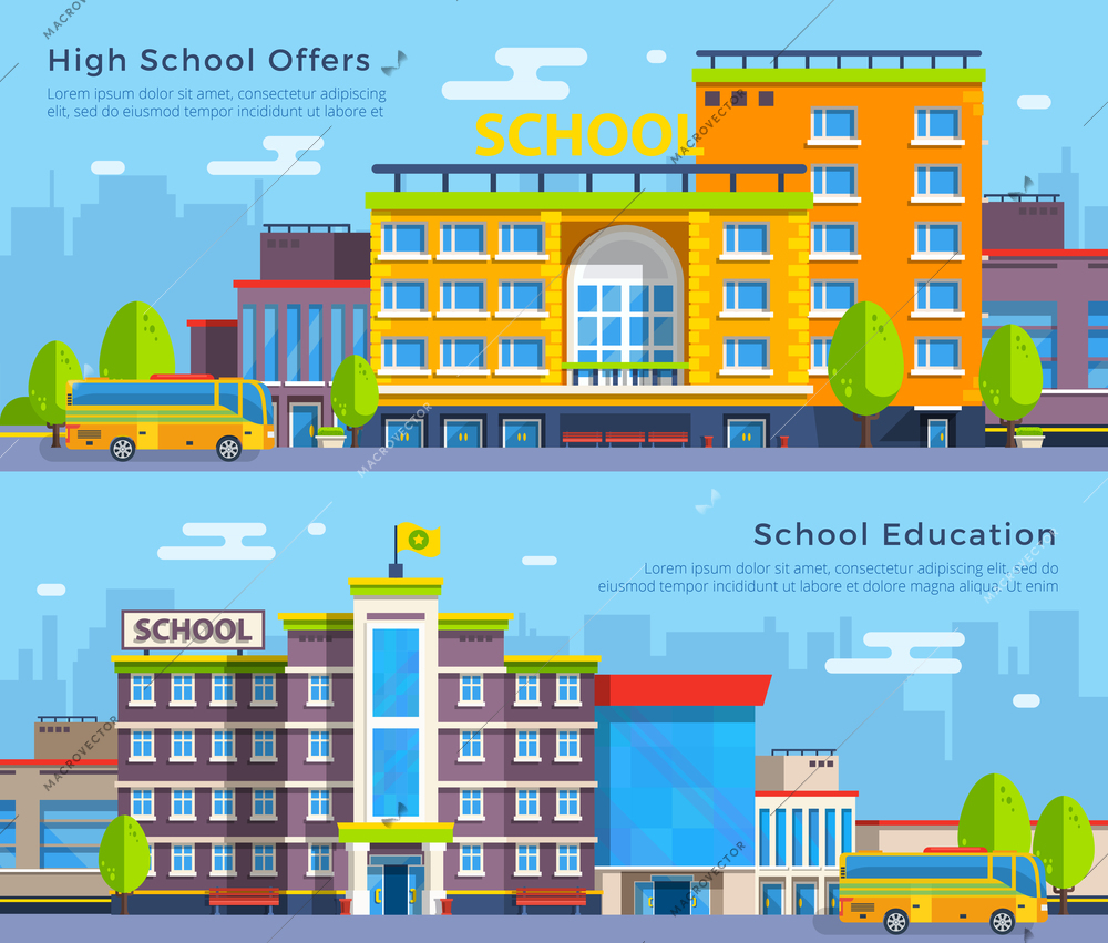 Big colorful school and high school buildings with school buses on cityscape background flat banners isolated vector, illustration