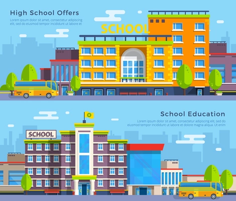 Big colorful school and high school buildings with school buses on cityscape background flat banners isolated vector, illustration