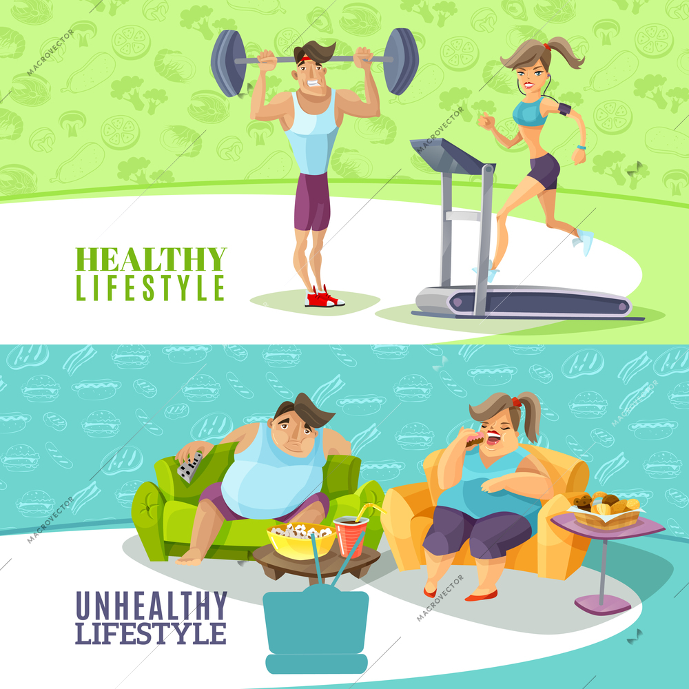 Healthy and unhealthy people horizontal banners set isolated cartoon vector illustration