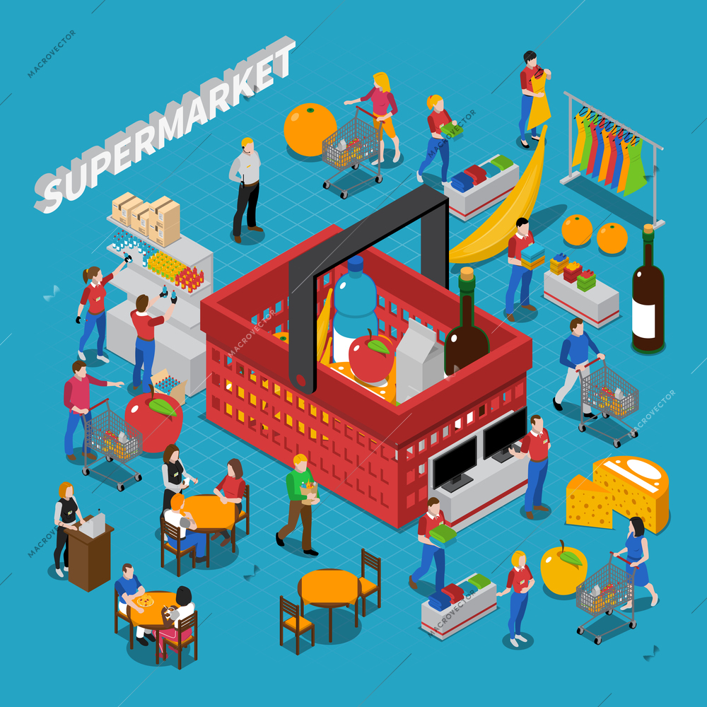 Supermarket isometric concept composition with people and basket vector illustration
