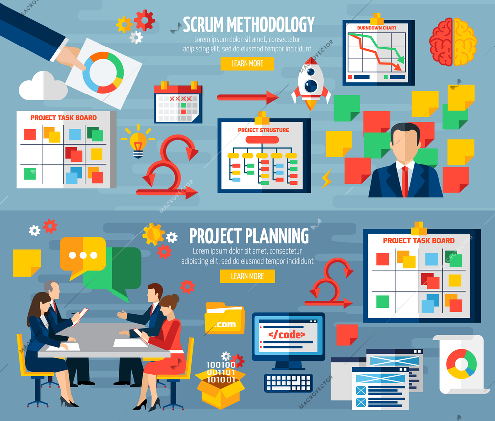 Scrum agile development methodology teamwork 2 colorful horizontal banners with sprint project planning abstract isolated vector illustratin