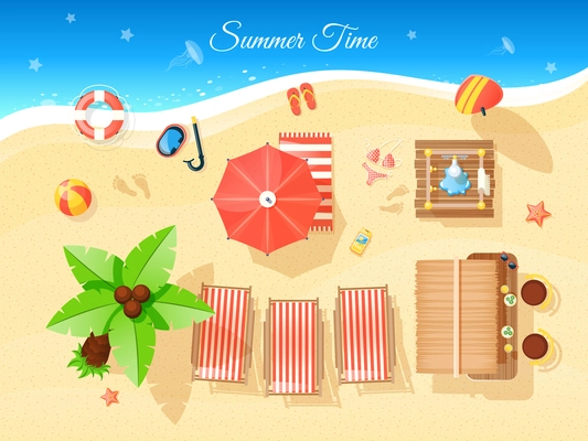 Summer time top view with umbrella palm and sea flat vector illustration