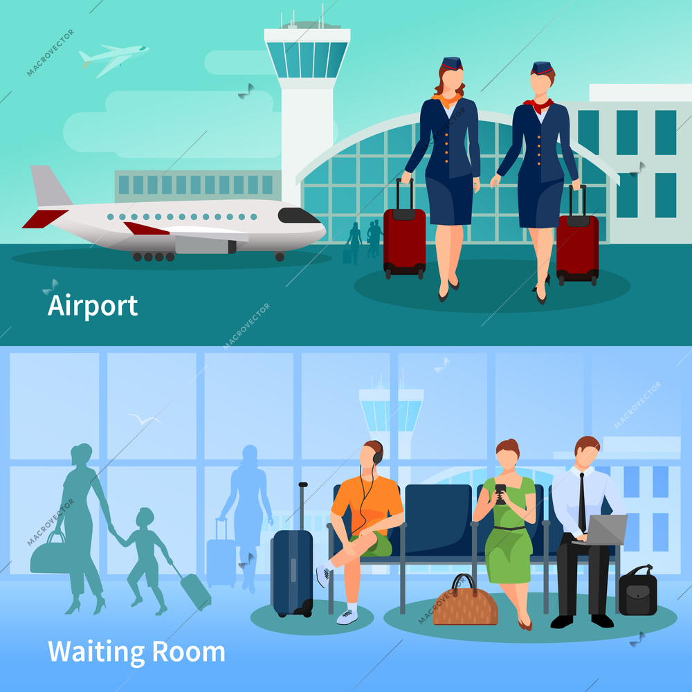 Airport flat compositions with people in waiting room and stewardesses on airfield at air terminal background vector illustration