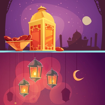 Color horizontal cartoon banners depicting ramadan kareem iftar and lantern vector illustration