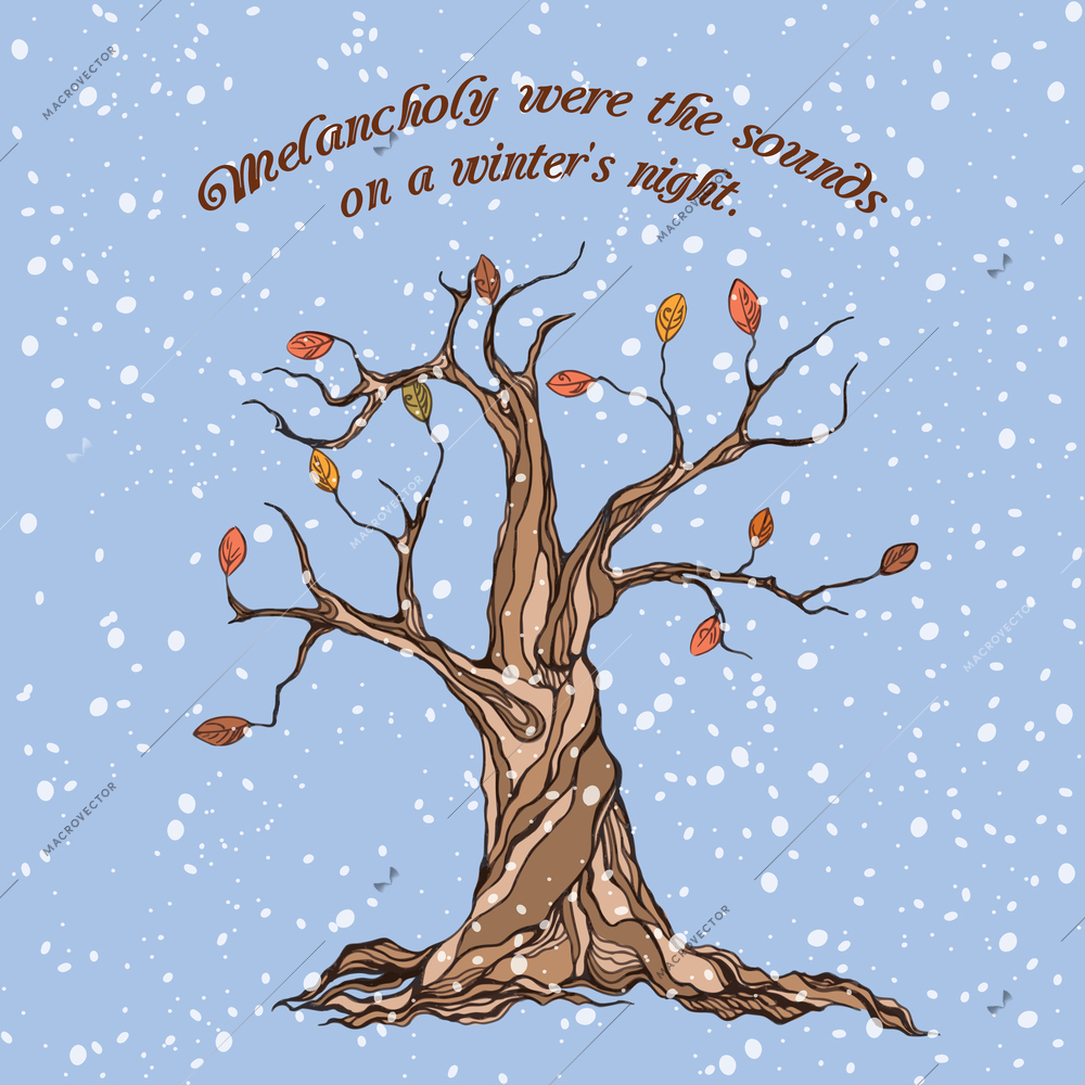 Winter melancholy tree with red orange leaves and snowflakes poster vector illustration