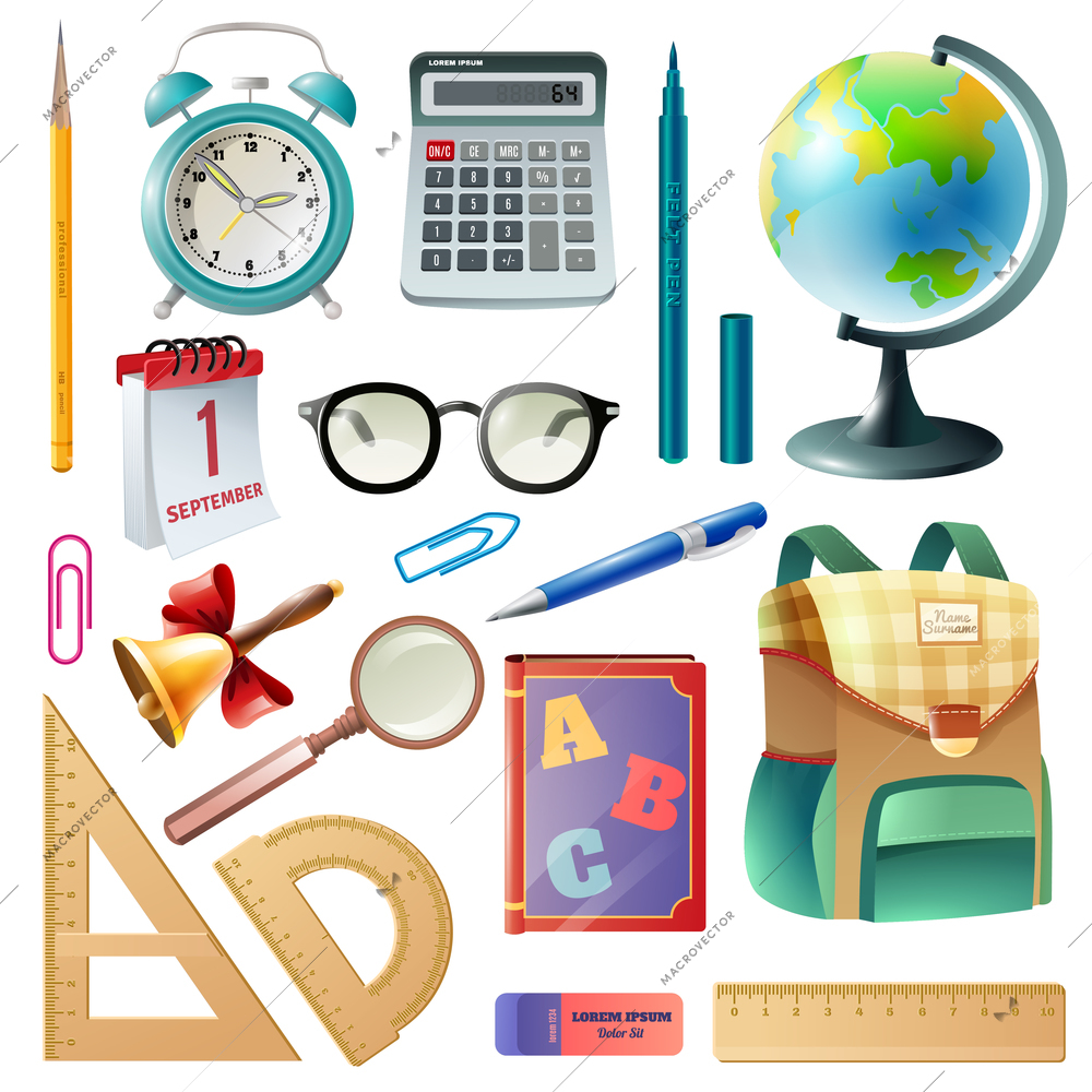 Back to school supplies icons collection with classroom accessories schoolbag textbooks and alarm clock realistic vector illustration