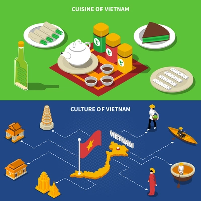 Vietnam cuisine culture and touristic places of interest 2 isometric banners with country map isolated vector illustration