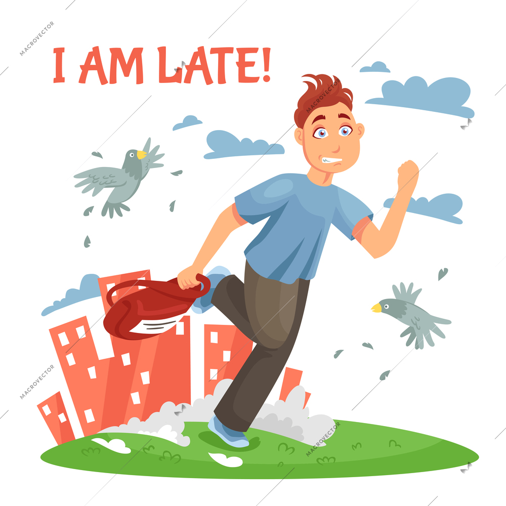 Late teenager running to school and disturbing the birds at urban landscape background cartoon vector illustration