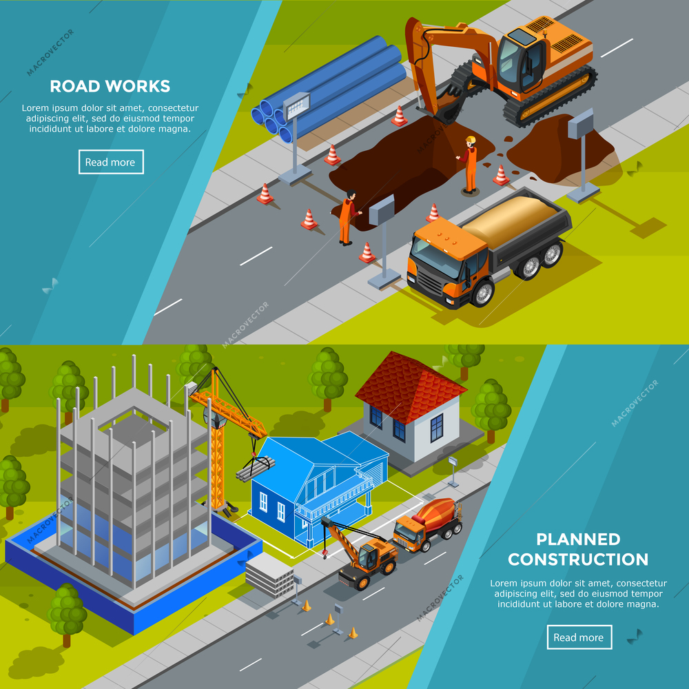 Construction horizontal isometric  banners with road works composition and planned models of house decorative icons flat vector illustration