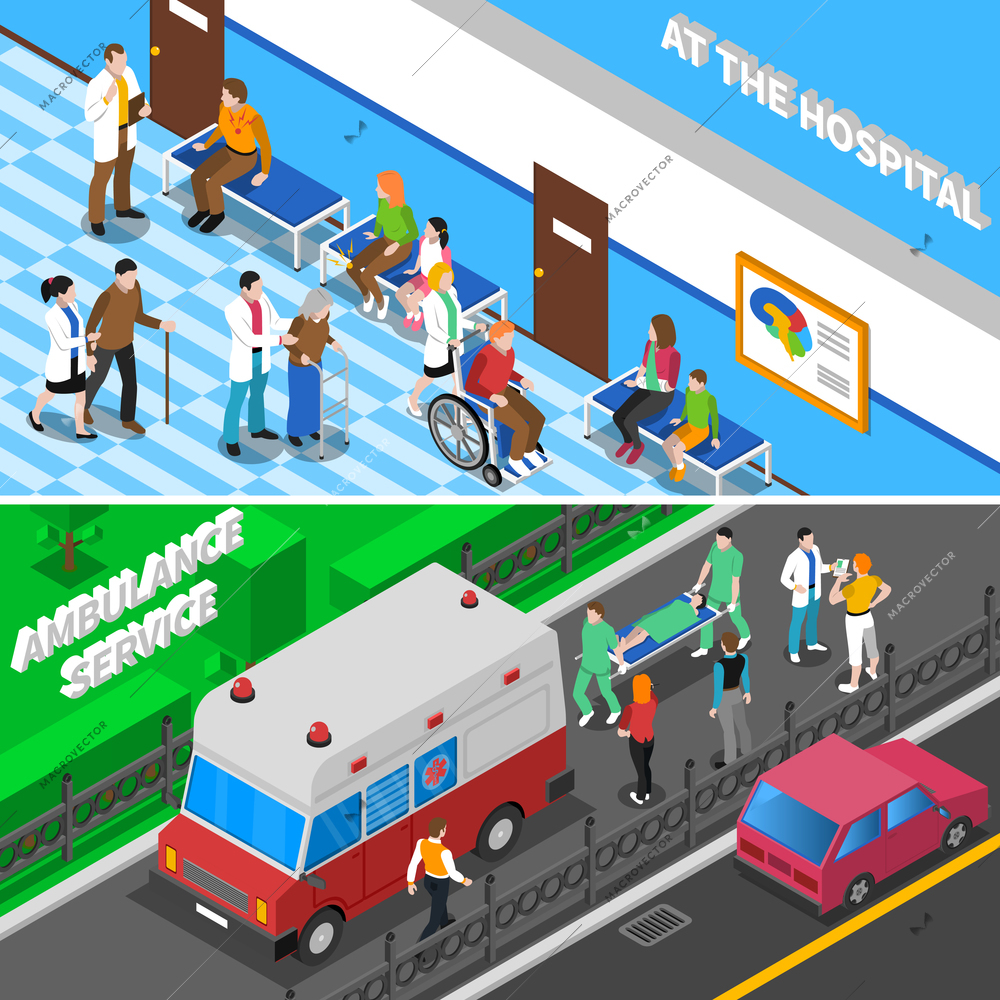 Hospital emergency department entrance with ambulance and waiting room for patients 2 isometric banners isolated vector illustration