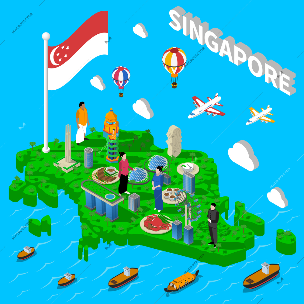 Singapore cultural symbols map for tourists with transport landmarks and national seafood dishes isometric poster vector illustration