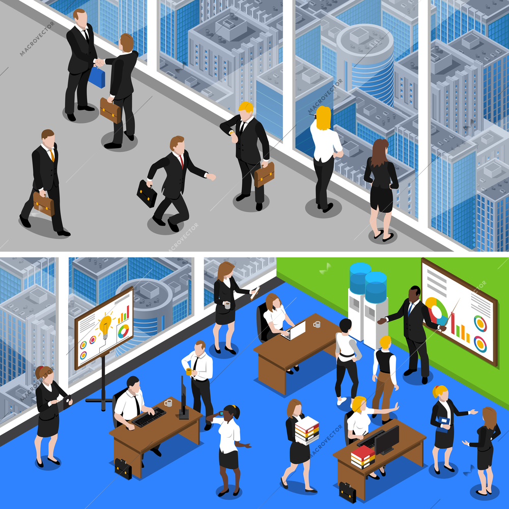 Business people at work two horizontal isometric with office managers and administrative personnel abstract isolated vector illustration