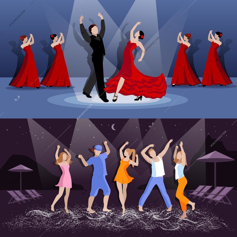 People dancing flamenco on stage and teenagers having beach party at night flat isolated vector illustration