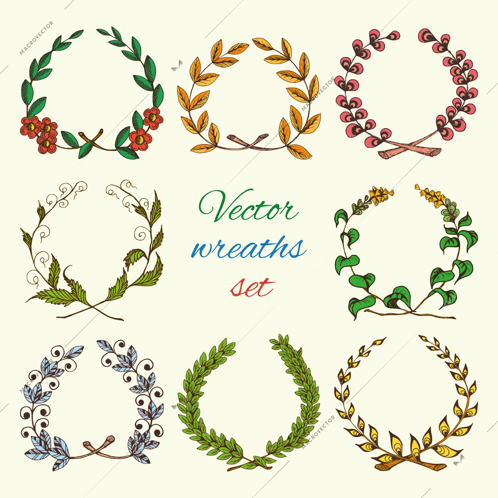 Sketch colored hand drawn vintage royal heraldic leaf wreaths set isolated vector illustration