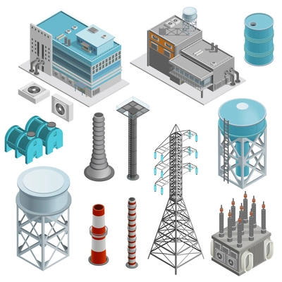 Industrial buildings isometric icons set with elements of power station boiler plant and power line supports vector illustration