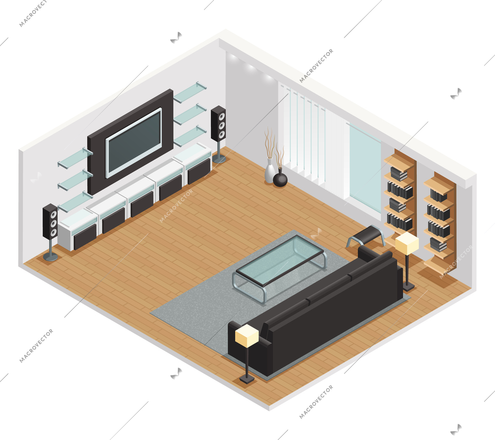 Living room interior isometric view with large lcd screen tv leather couch and coffee table vector illustration