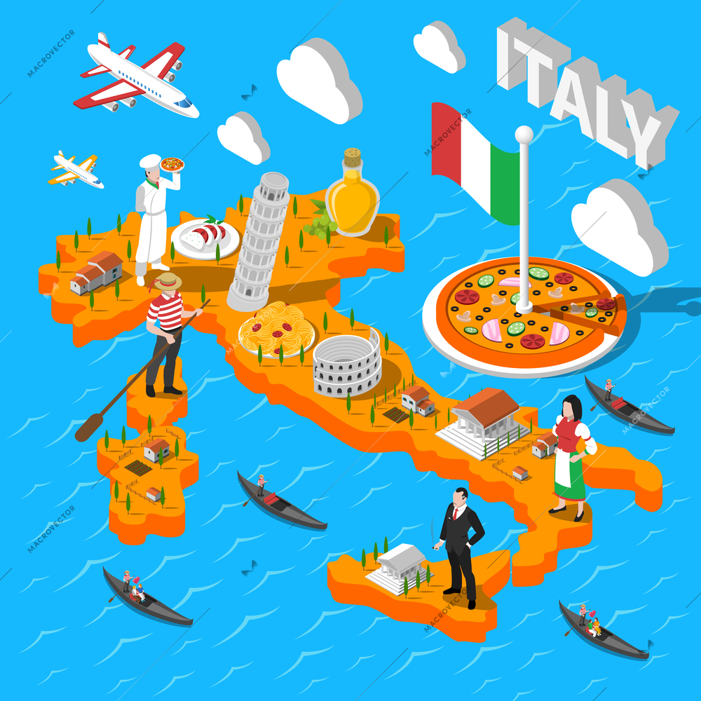 Italy isometric cultural sightseeing map for tourists with pizza mozzarella and leaning pisa tower abstract vector illustration