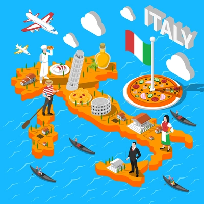 Italy isometric cultural sightseeing map for tourists with pizza mozzarella and leaning pisa tower abstract vector illustration