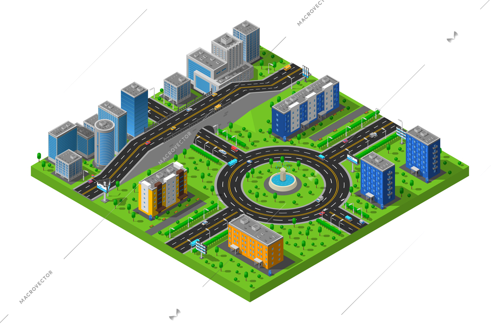 City business and residential districts isometric map poster with circular roundabout intersection with central island abstract vector illustration