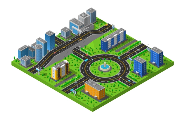 City business and residential districts isometric map poster with circular roundabout intersection with central island abstract vector illustration