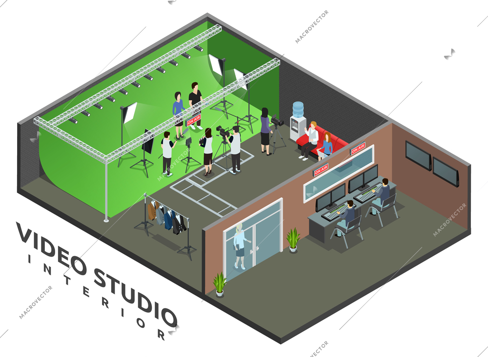 Professional live video recording studio interior with on air sign and camera operator isometric view vector illustration