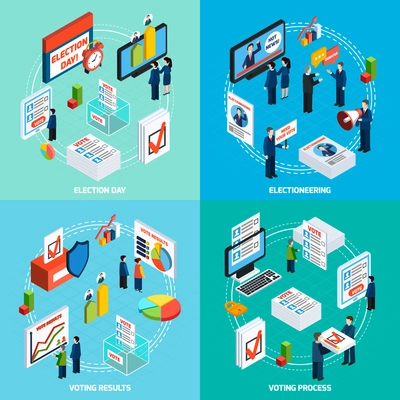 Elections and voting isometric 2x2 design concept with people busy in electioneering debate and voting process flat vector illustration