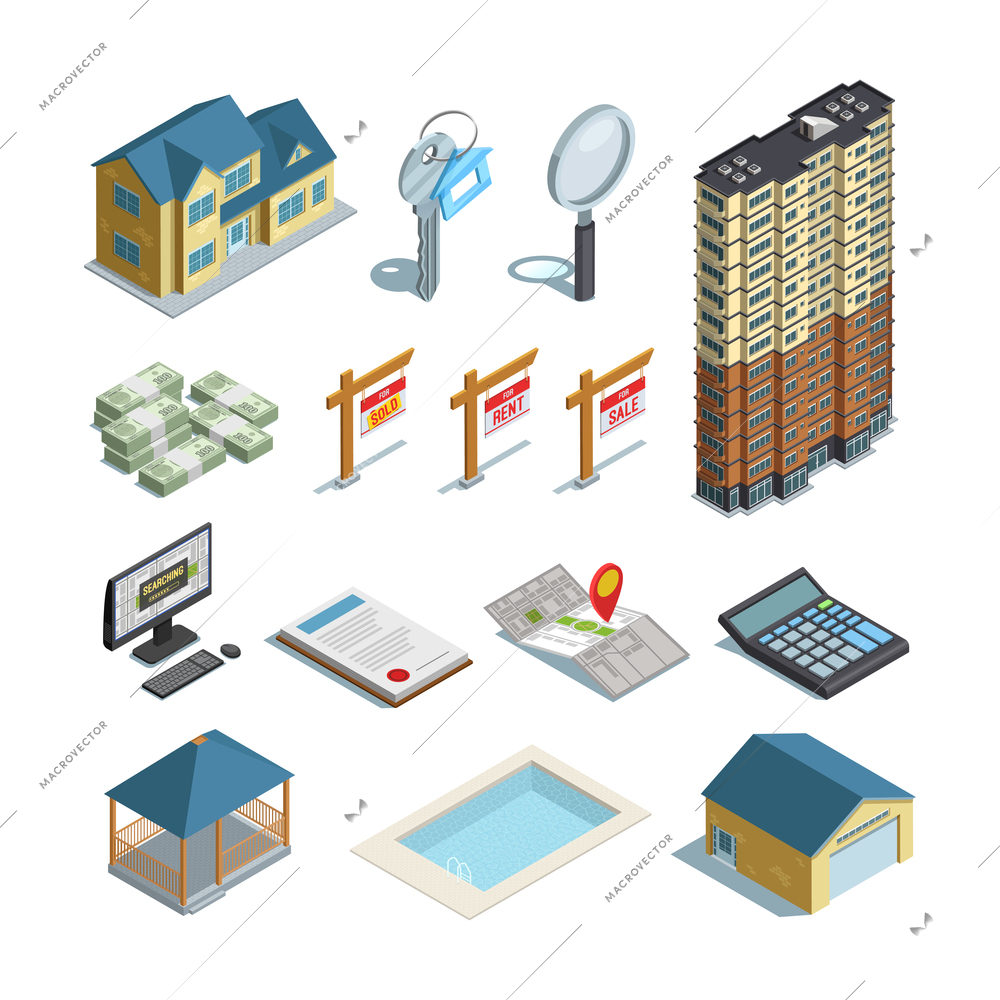 Real estate property land swimming pool and buildings for sale  isometric icons set abstract isolated vector illustration