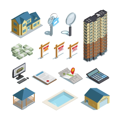 Real estate property land swimming pool and buildings for sale  isometric icons set abstract isolated vector illustration