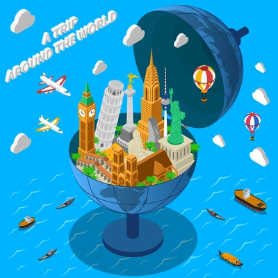 International travel company isometric advertisement poster with world famous landmarks in terrestrial globe composition abstract vector illustration